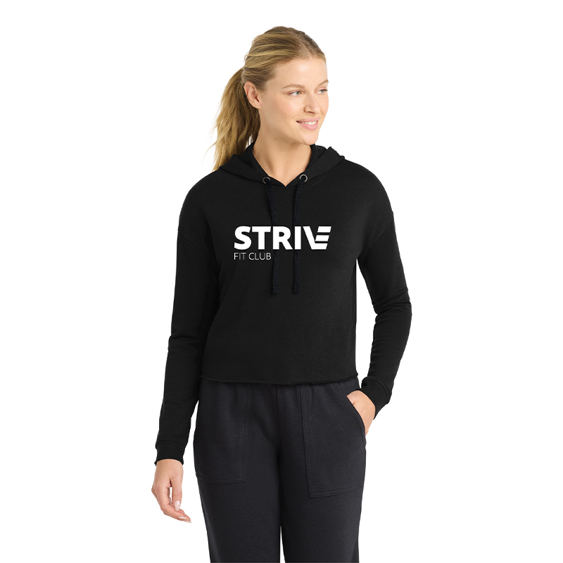Strive - LST298 Sport-Tek Women’s PosiCharge Tri-Blend Wicking Fleece Crop Hooded Pullover - Black Triad Solid